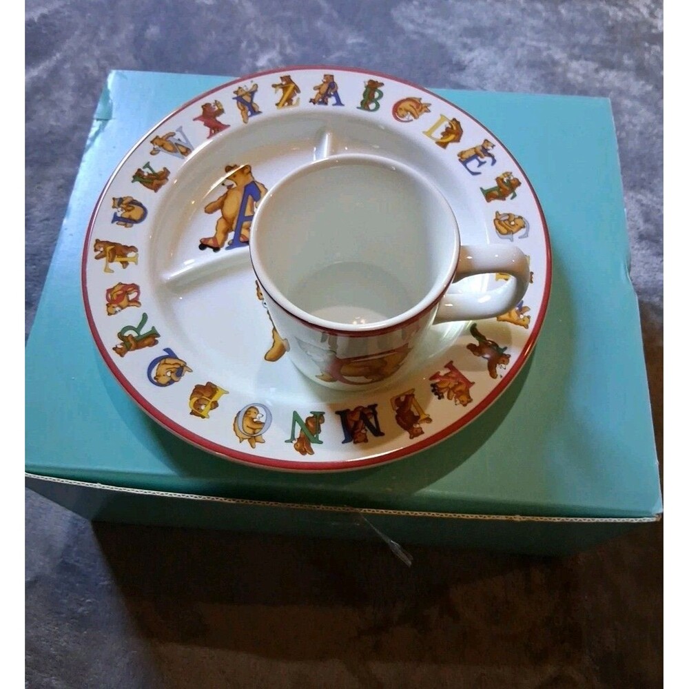 Tiffany & Co. Alphabet Bears Child's Divided Plate /Cup VTG 1994 Porcelain  W/ B